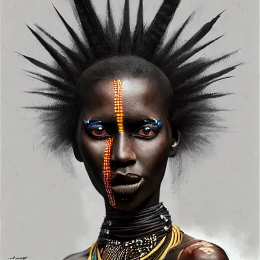 Prompt: ultra realistic illustration, portrait a mixed maasai warrior woman, with black afro, with black lipstick, with a spikey choker around neck, intricate, elegant, highly detailed, digital painting, artstation, concept art, smooth, sharp focus, illustration, art by artgerm and greg rutkowski and alphonse mucha
