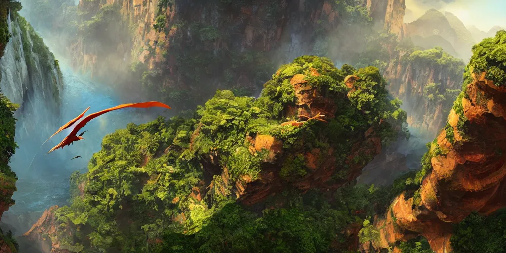 Image similar to wide angle view of swooping ((orange red cerulean indigo)) pterodactyl, over a deep canyon, mountainous jungle setting, trees, waterfall, river, rocks, dramatic lighting, highly detailed, artstation, unreal engine, matte painting in the style of craig mullins, Uncharted 4, fish eye lens, 8k HDR