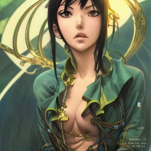 Image similar to highly detailed vfx portrait of nico robin by eiichiro oda!, makoto shinkai, alphonse mucha, sharp focus, art by artgerm and greg rutkowski!, harsh overhead sunlight, blue eyes!!, large aquiline nose!!, perfect face, stanley kubrick, kaoru mori, intricately detailed, behance, 4 k, hdr