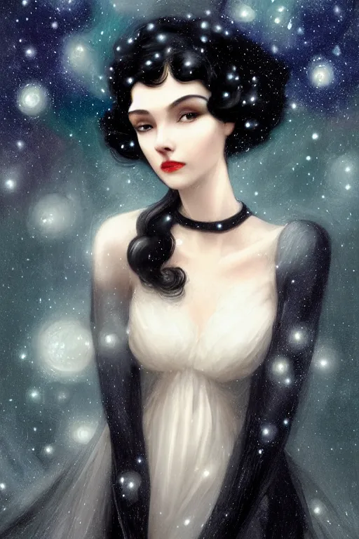 Image similar to Nocturne, glowing, stars, a long-legged elegant sultry woman, long black hair, pearl choker, snow white, highly detailed, mysterious, ethereal, dressed in black velvet, haute couture, illustration, dramatic lighting, soft details, painting, by Edmund Blair Leighton, Brom, Charlie Bowater, trending on artstation, faces by otto schmidt