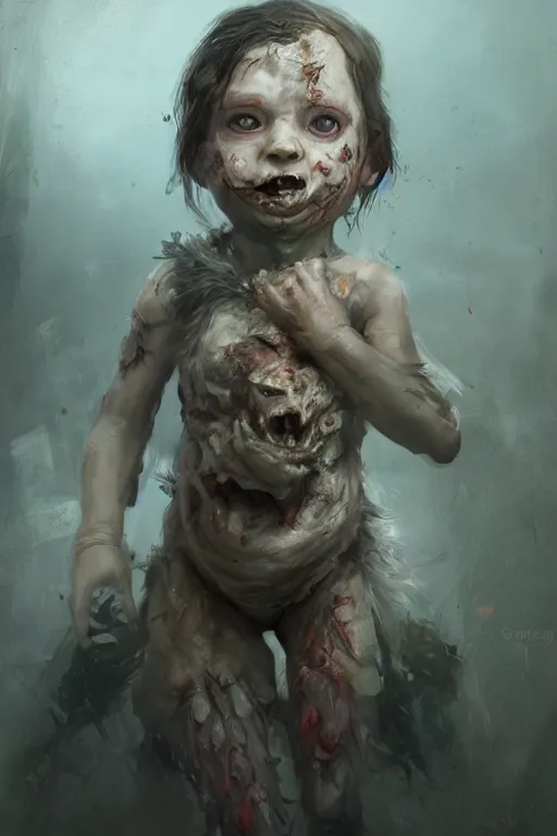 Image similar to a fancy portrait of a zombiefid baby by Greg Rutkowski, Sung Choi, Mitchell Mohrhauser, Maciej Kuciara, Johnson Ting, Maxim Verehin, Peter Konig, final fantasy , mythical, 8k photorealistic, cinematic lighting, HD, high details, atmospheric,