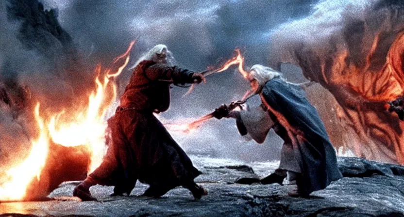 Image similar to still frame from a movie of only two character visible, Gandalf the gray on the right fighting against the fiery giant balrog on the left, arriflex, anamorphic, angenieux 24mm, wide shot, flare