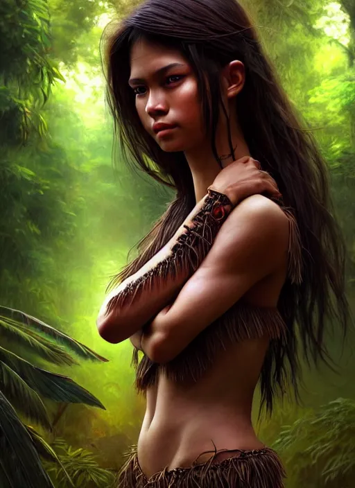 Image similar to photo of an amazon forest girl in the style of stefan kostic, realistic, full body shot, sharp focus, 8 k high definition, insanely detailed, intricate, elegant, art by stanley lau and artgerm, dark, gloomy street background