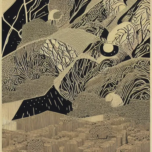 Image similar to “the meaning of life, woodblock, black fine lines on warm brown, by victo ngai, by stanley donwoood”