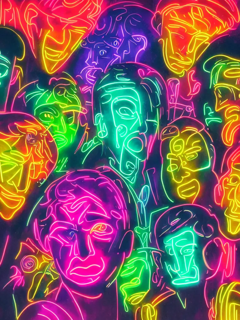 Image similar to neon lit faces by disney concept artists, blunt borders, rule of thirds