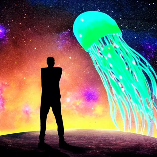 Prompt: over the shoulder photo of a man watching a magic cosmic glowing jellyfish in glowing cosmic stardust, colorful stars, galaxies, space, award winning photo, intricate, high detail, atmospheric, desolate