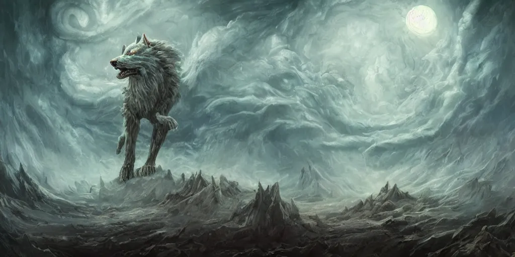 Prompt: concept art of giant wolf, lovecraftian, renaissance, roaring, melting horror, round moon, rich clouds, fighting the horrors of the unknown, mirrors, very detailed, volumetric light, mist, grim, fine art, decaying, textured oil over canvas, epic fantasy art, very colorful, ornate scales, anato finnstark