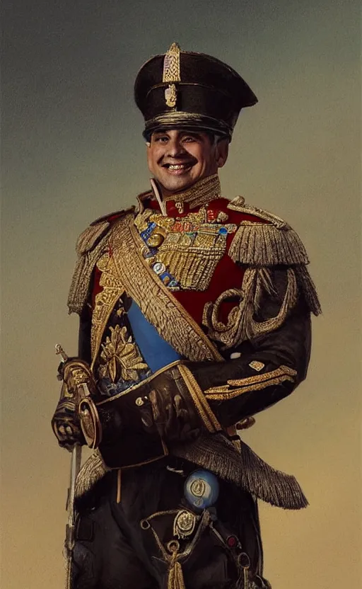 Prompt: Portrait of a smiling hispanic man wearing a ceremonial uniform, male, cheerful, detailed face, 19th century, highly detailed, cinematic lighting, digital art painting by greg rutkowski