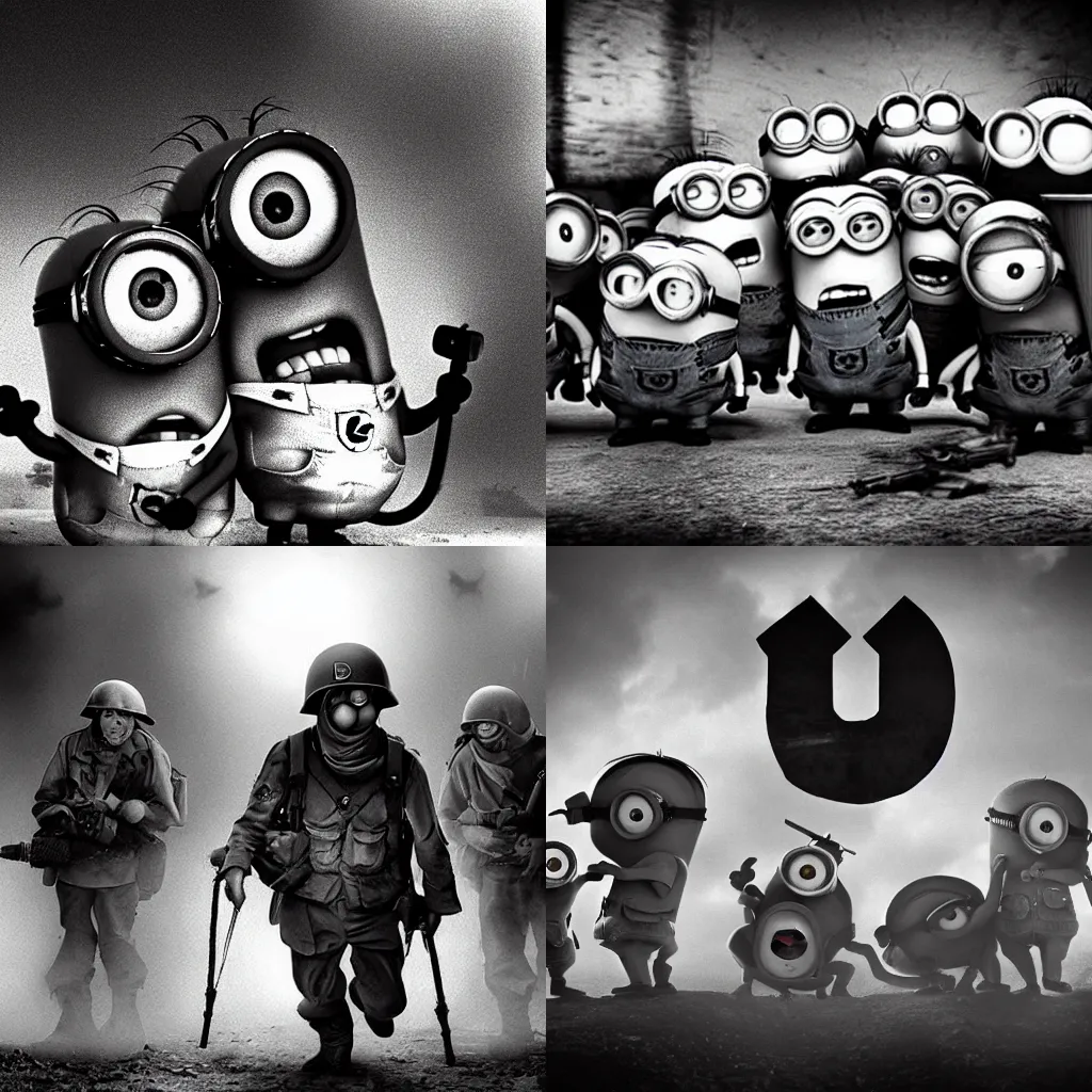 Prompt: minions in world war 2, black and white, dark lighting