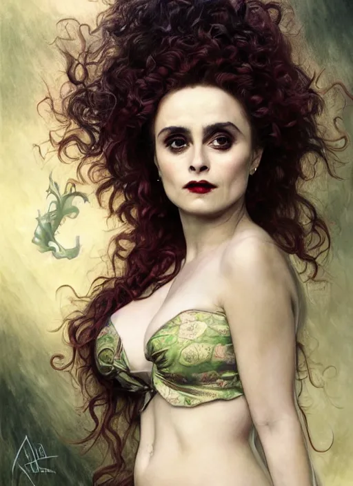 Image similar to portrait Helena Bonham Carter as a poison witch, full length shot, shining, 8k highly detailed, sharp focus, illustration, art by artgerm, mucha, bouguereau