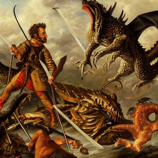 Image similar to a detailed oil painting of an action filled scene depicting jordan peterson slaying a dragon with a sword