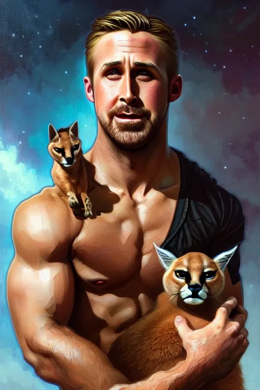 Image similar to Muscular Ryan Gosling holding cute caracal, portrait, sci-fi, fantasy, intricate, elegant, highly detailed, digital painting, artstation, concept art, smooth, sharp focus, illustration, art by artgerm and greg rutkowski and alphonse mucha