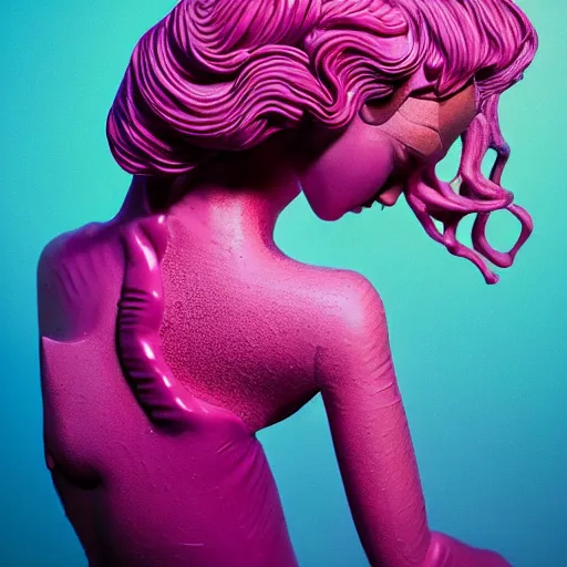 Prompt: flume and former cover art future bass girl unwrapped statue bust curls of hair petite lush body wet photography model futuristic plastic organic material vibrant colours simple background Jonathan Zawada style