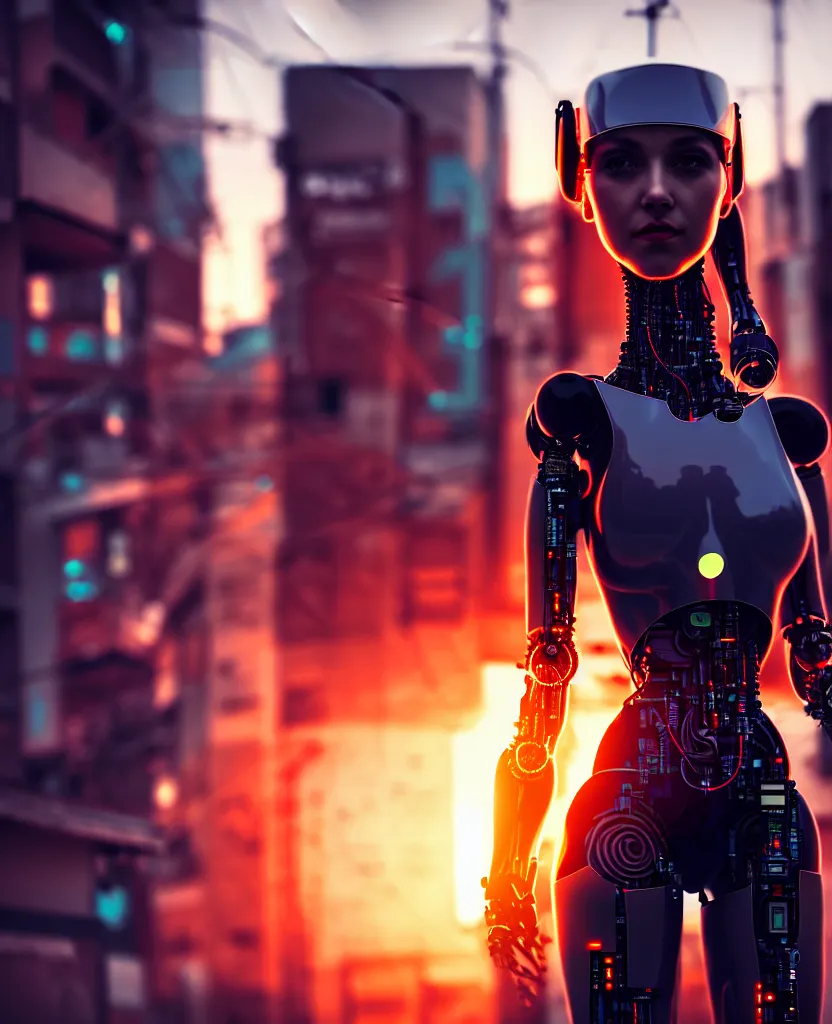 Image similar to a photo close up cyberpunk half robot half girl stands in a cyberpunk hiroshima, prefecture streets, sunset, photorealistic, cinematic lighting, very detailed, style by tomino - sama