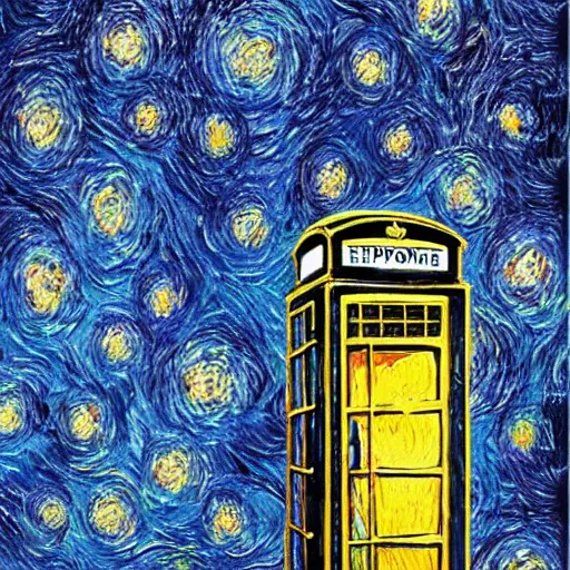 Image similar to a blue english phone booth exploding in space, impressionism, in the style of van gogh