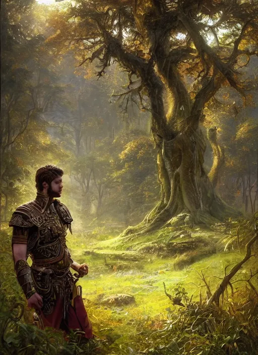 Image similar to intricate detailed portrait painting of a male warrior on a beautiful forest meadow, temple ruins surrounded by lush forest, afternoon, art by ralph horsley and swanland and tyler edlin and artgerm and greg rutkowski, atmospheric lighting, dynamic lighting