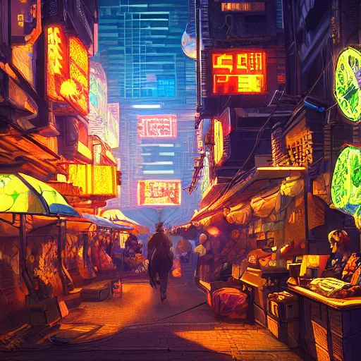 Image similar to fantastic lighting, pixel art, high detail, cyberpunk market, 2 d