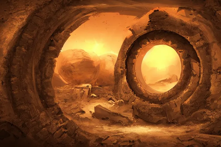 Image similar to a stargate in the ruins on mars leads to another dimension, portal, gate, dimension, arstation, digital art