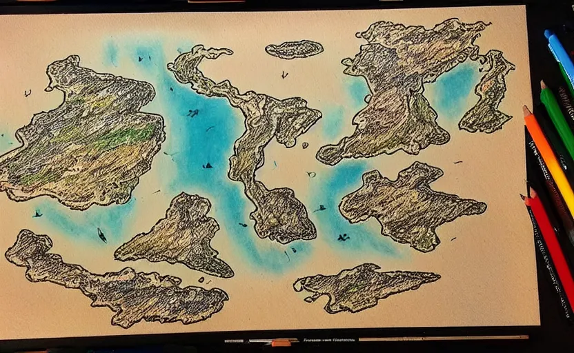 Image similar to futuristic island map, drawn with crayons, detailed