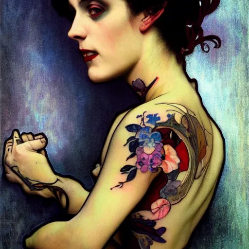 Prompt: A beautiful painting of a lady vampire, colorful arm tattoo, victorian, dracula, ominous, oil on canvas, photorealism, alphonse mucha, caravaggio, irwin penn, high definition, soft light
