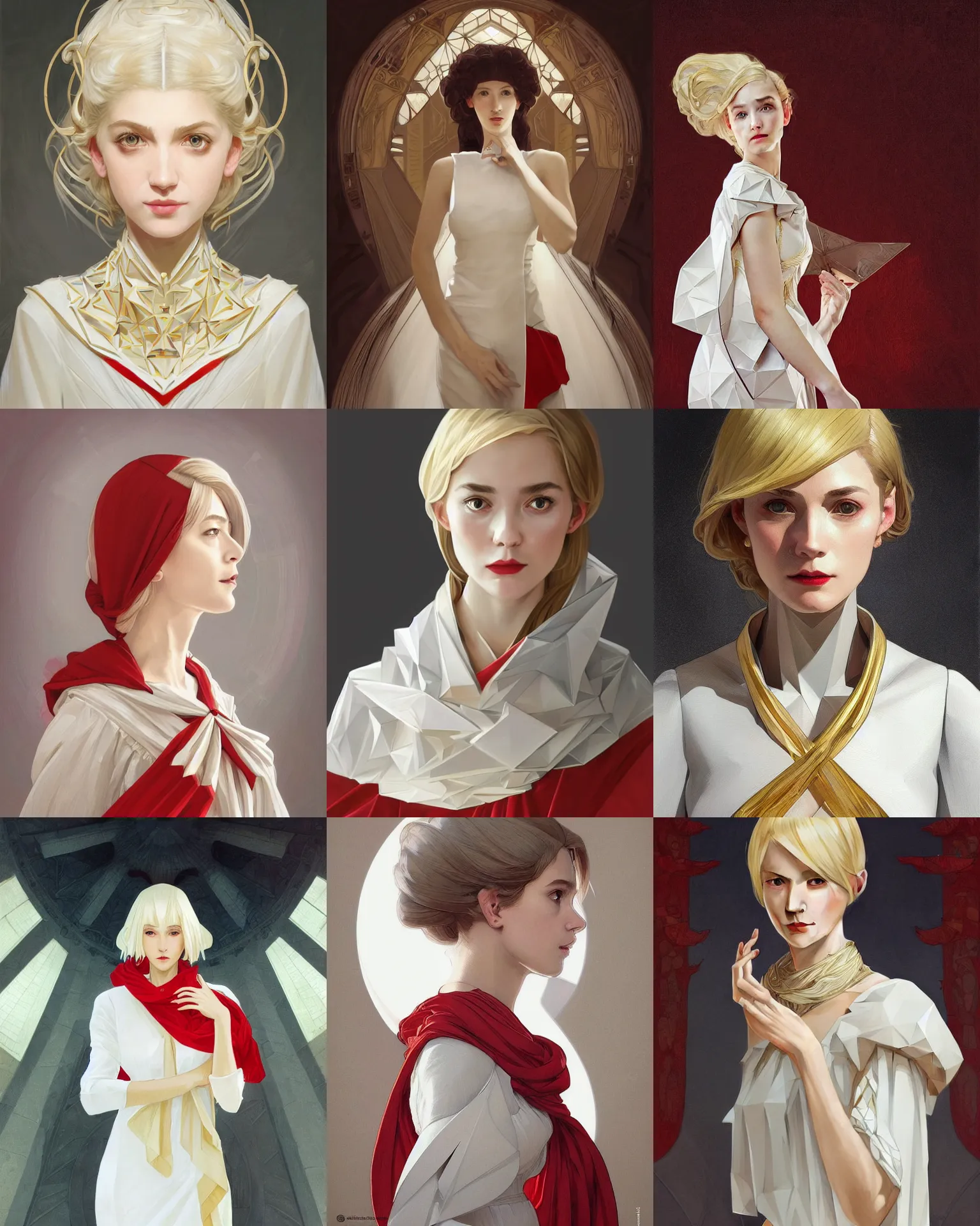 Prompt: Portrait of a museum art curator, white polygonal dress, light gold hair, red scarf, triangles, D&D, fantasy, intricate, elegant, highly detailed, digital painting, artstation, concept art, smooth, sharp focus, illustration, art by artgerm and greg rutkowski and alphonse mucha and maya takamura and Hitomi Isono