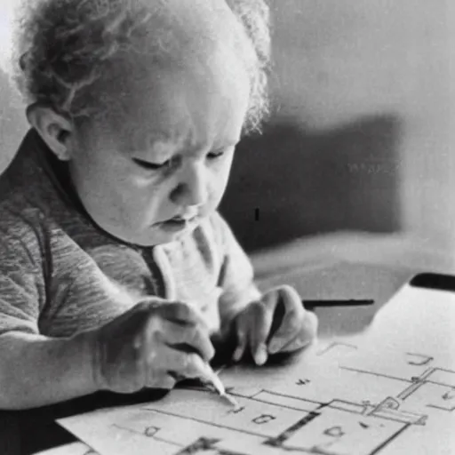 Prompt: Baby Albert Einstein making a crayon drawing of plans for atomic bomb