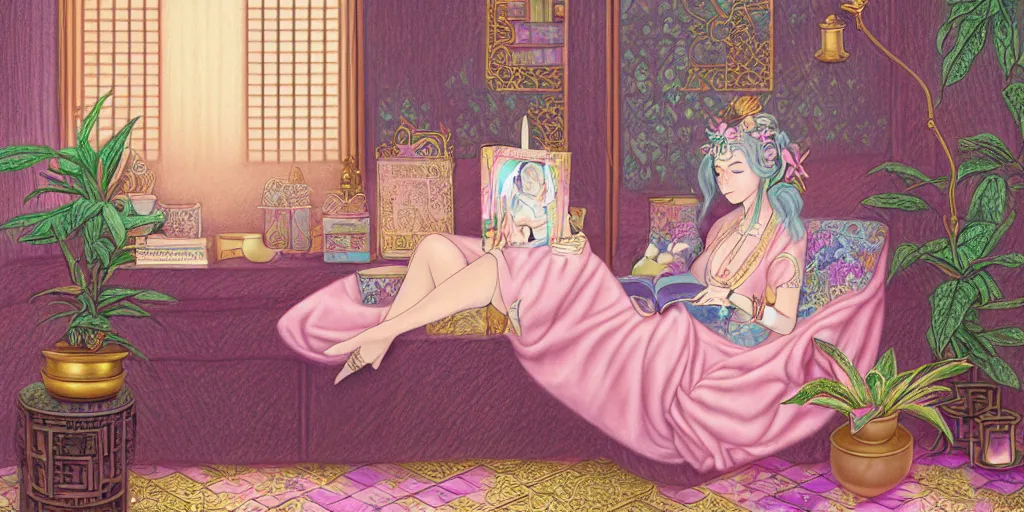 Image similar to a pastel drawing of a woman wizard, ornate clothing, lounging on a purpur pillow on the marbled checkered floor in her study room reading an ancient tome. to the side is a potted plant, moody candlelit raytracing. ancient oriental scifi fantasy setting. 4 k key art. by chie yoshii