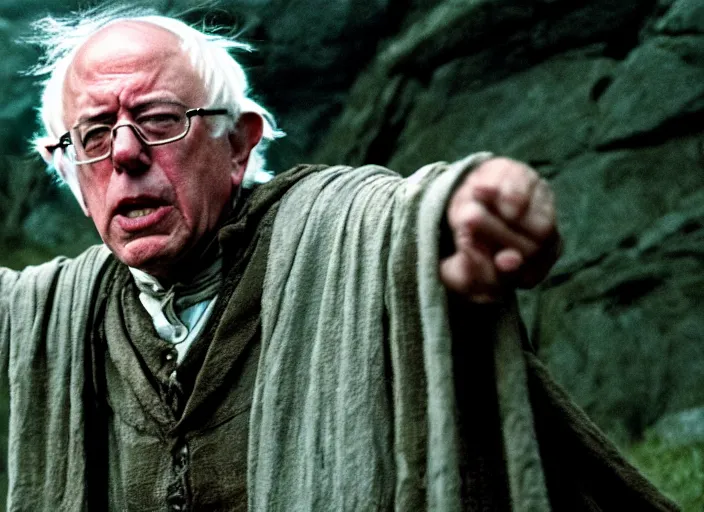 Image similar to film still of bernie sanders as frodo in lord of the rings movie, 8 k