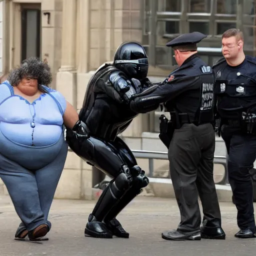 Image similar to robocop arresting obese british people, detailed