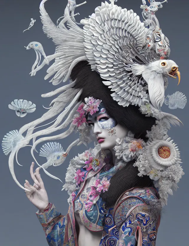 Image similar to 3 d goddess close - up profile portrait russian with ram skull. beautiful intricately detailed japanese crow kitsune mask and clasical japanese kimono. betta fish, jellyfish phoenix, bio luminescent, plasma, ice, water, wind, creature, artwork by tooth wu and wlop and beeple and greg rutkowski