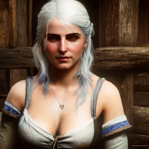 Image similar to painting of Ciri from the Witcher 3 in wooden bath, 8k, uhd