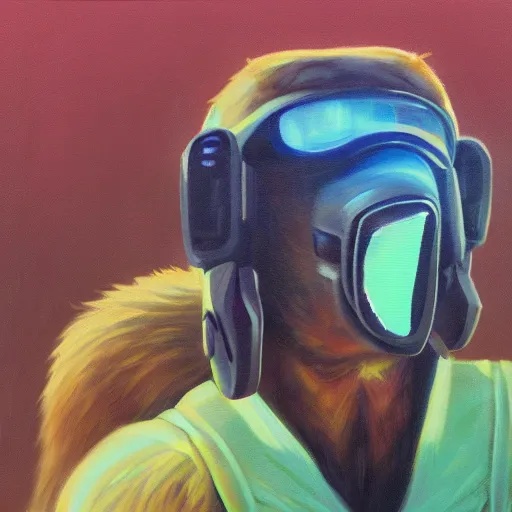 Image similar to capybara, oil painting, cyberpunk synthwave style, riding a motorcycle