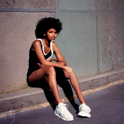 Image similar to realistic! photoshoot for a new nike lookbook, color film photography, portrait of a beautiful lightskin!! woman, photo in style of tyler mitchell, 35mm