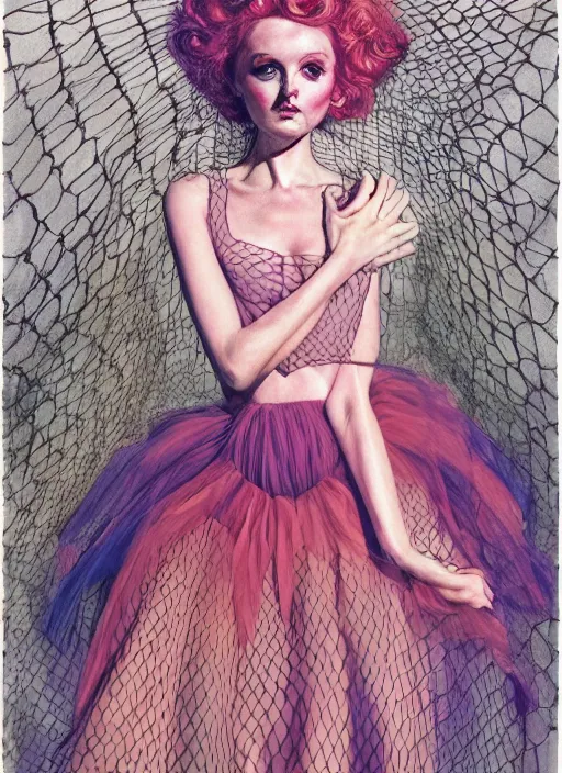 Prompt: surrealism psychedelic full body portrait sketch of lily cole as delirium of the endless in fishnet top and tutu skirt from the sandman, by alex ross, josh kirby, detailed, elegant, intricate