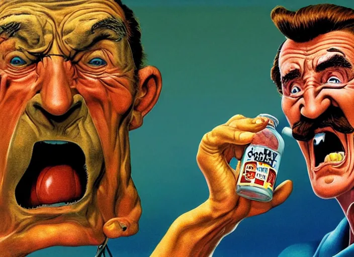 Image similar to barry chuckle chugging a bottle of snake oil, artwork by richard corben, 3 d, high resolution 8 k