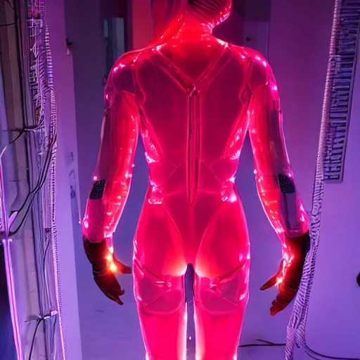 Image similar to love, diverse translucent cybersuits, from behind, connection rituals, wide wide angle, vivid, elaborate, highly detailed, beautiful lighting