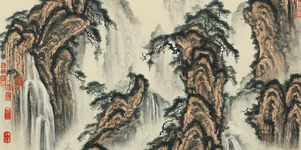 Prompt: “ large ancient gate in the middle of waterfall in chinese watercolor painting, oil painting, masterpiece, aesthetic ”
