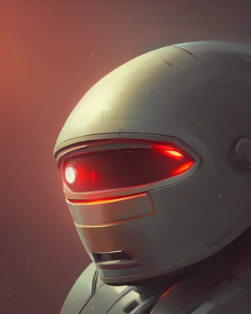 Image similar to portrait of sentient machine with oval helmet with a red chip on left side, by greg rutkowski, wlop, beeple, dan mumford, octane render, trending on artstation, symmetrical artwork. cinematic, key art, hyperrealism, high detail, 8 k