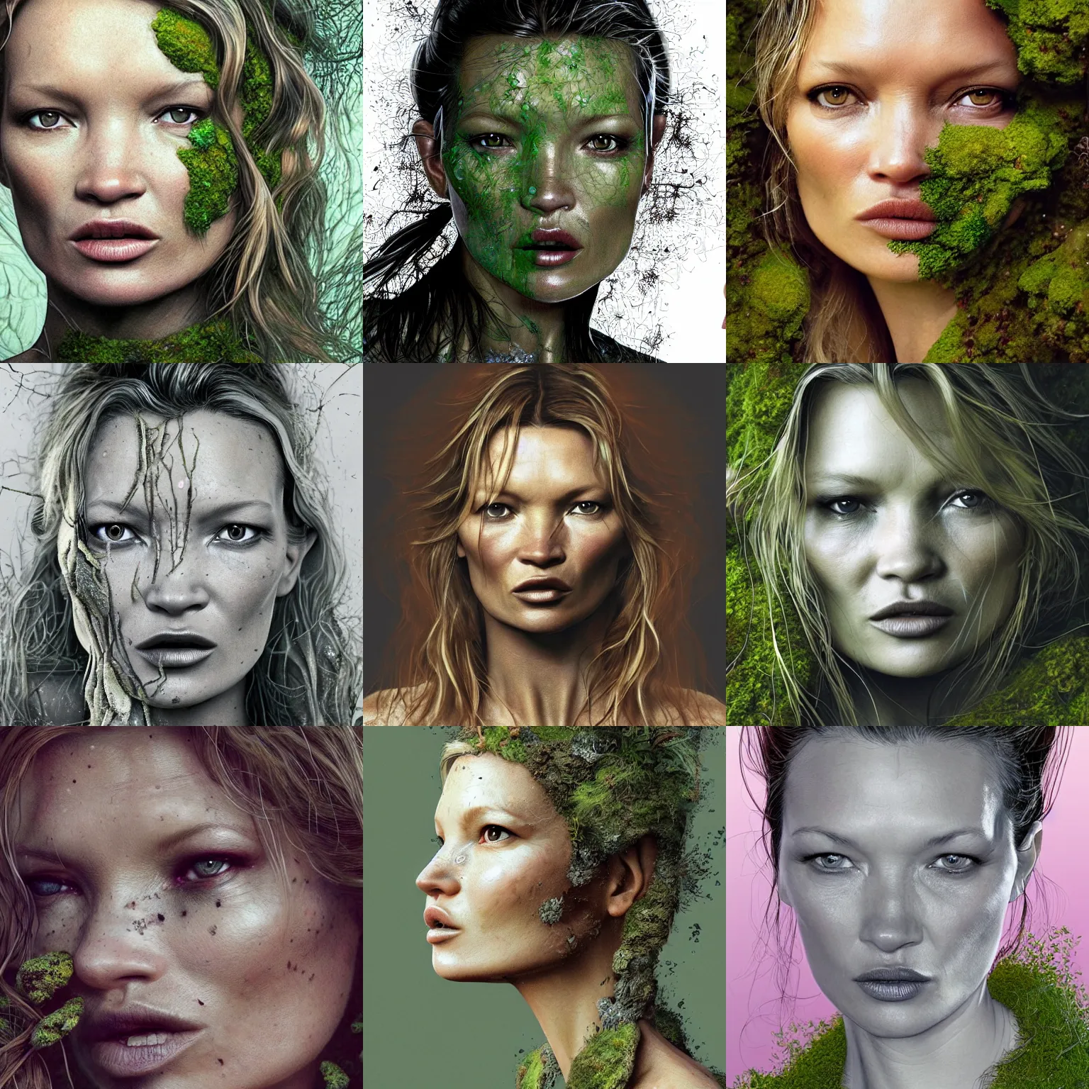 Prompt: portrait isometric drawing, close-up on kate moss in a mossy garden costume, moss on her face and her skin, hairs made of moss, intricate, epic lighting, cinematic composition, hyper realistic, 8k resolution, unreal engine 5, by Artgerm, tooth wu, dan mumford, beeple, wlop, rossdraws, James Jean, Andrei Riabovitchev, Marc Simonetti, yoshitaka Amano, Artstation