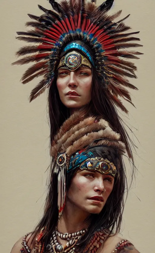 Image similar to gorgeous redskin woman wearing headdress, intricate, elegant, highly detailed, artstation, concept art, smooth, sharp focus, illustration, art by stefan kostic and greg rutkowski