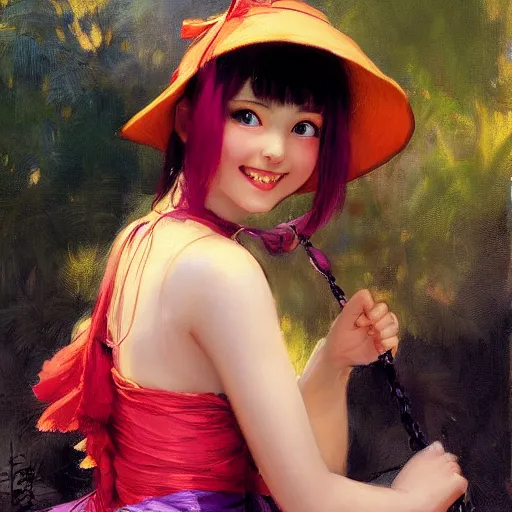 Prompt: a detailed portrait of a cute anime girl on swing, wearing a purple and red dress, wearing a orange hat, smiling coy, painting by gaston bussiere, craig mullins, j. c. leyendecker