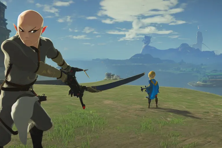 Image similar to agent 4 7 holding master sword in botw, breath of the wild screenshot