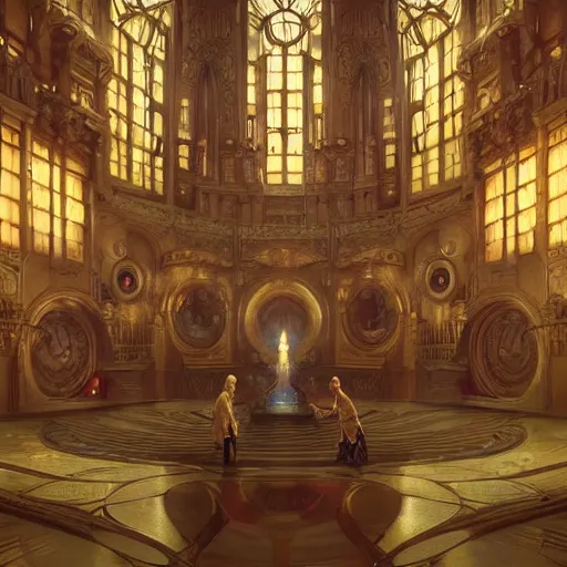 Prompt: a background matte painting for a scifi religious room with chambers of bubbling liquid gold intricate digital painting artstation concept art smooth sharp focus illustration, art by artgerm and greg rutkowski and alphonse mucha