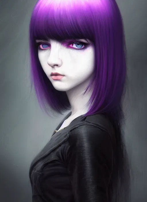 Image similar to hair blackbangs hair, white hair, blackbangswhitehair, portrait of teenage girl with black bangs, red irises, purple clothes, black bangs, bangs are white hair is black, intricate, elegant, glowing lights, highly detailed, digital painting, artstation, concept art, sharp focus, illustration, art by wlop, mars ravelo and greg rutkowski