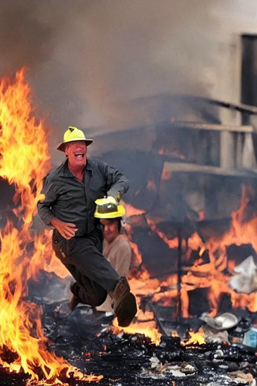 Image similar to kevin tighe floating off the ground above a burning garbage fire laughing