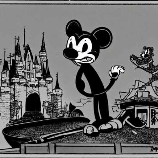 Prompt: post - apocalyptic magic kingdom, rubberhose animation, walt disney world, vintage cartoon, felix the cat,