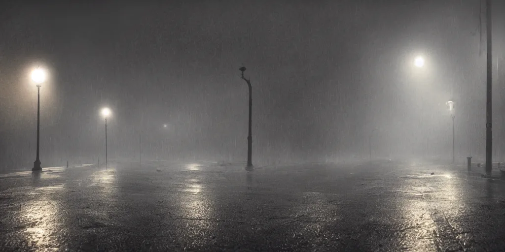 Prompt: silent hill in real life, desolate street, sombre, parked cars, overcast, blankets of fog pockets, rain, volumetric lighting, beautiful, night time, autumn, sharp focus, ultra detailed, cgsociety