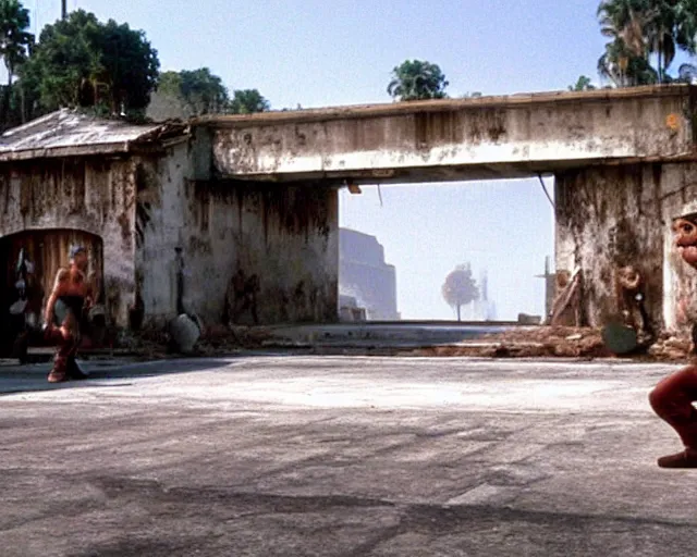 Prompt: a still of irl empty stage from Street Fighter 2 in the movie Hard Target (1993), HDR, high quality, 8k, highly detailed and intricate,