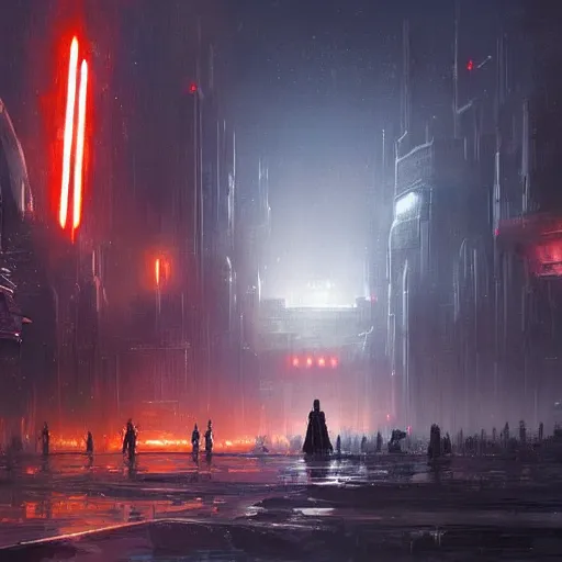 Image similar to star wars concept art by greg rutkowski, a huge metropolis with sharp and elegant buildings, it is night and it feels busy, the buildings are bright, dark and reddish night sky, cinematic lighting, oppressive atmosphere.