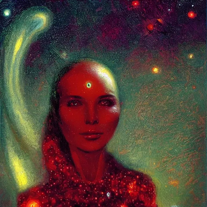 Image similar to beautiful female portrait, red and green palette, night lights, starry sky, by ( h. r. giger ) and paul lehr